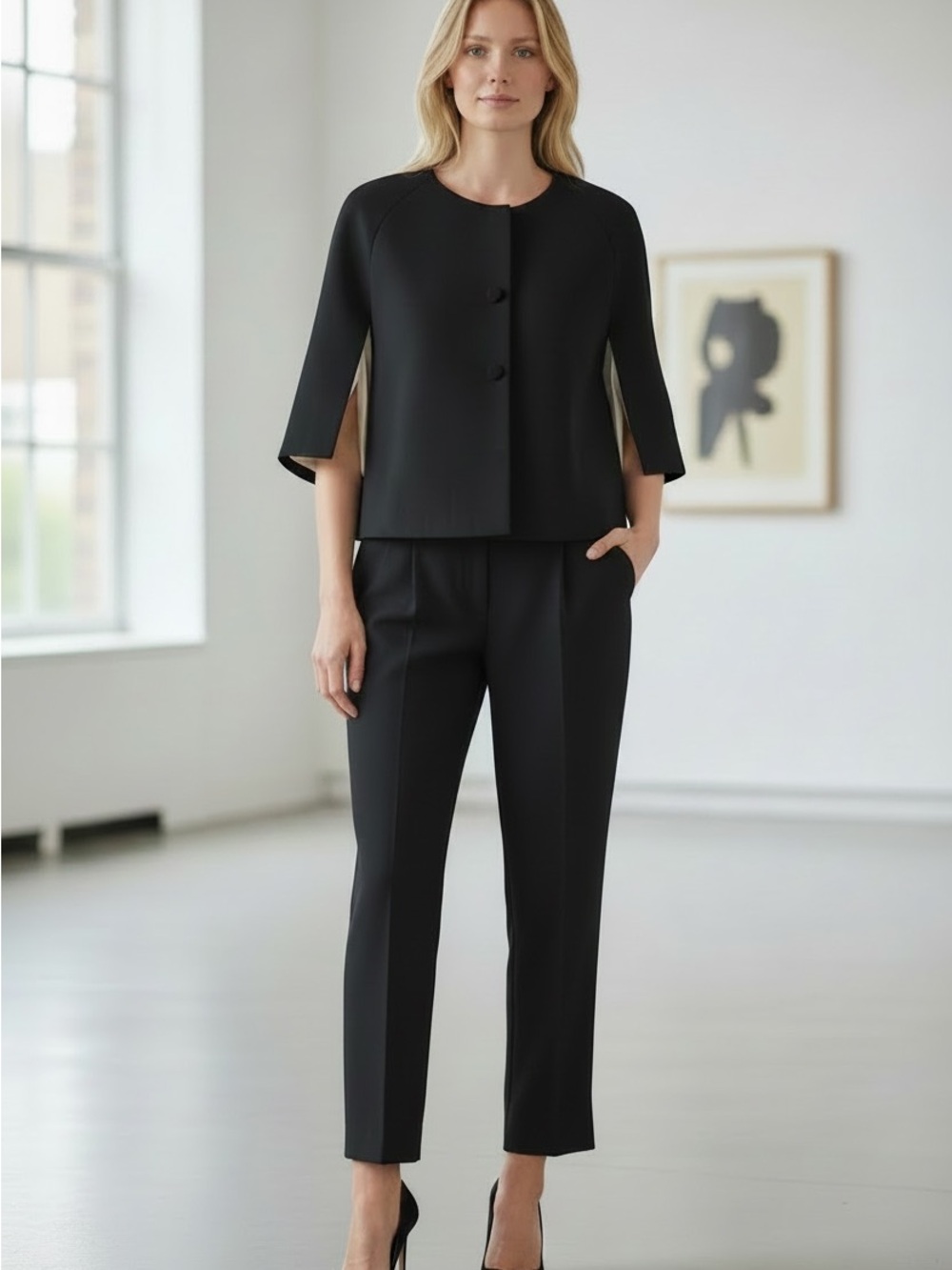 Stunning 2 piece Abbey Glass Black Cape Coat with Cream Silk Lining and Pants